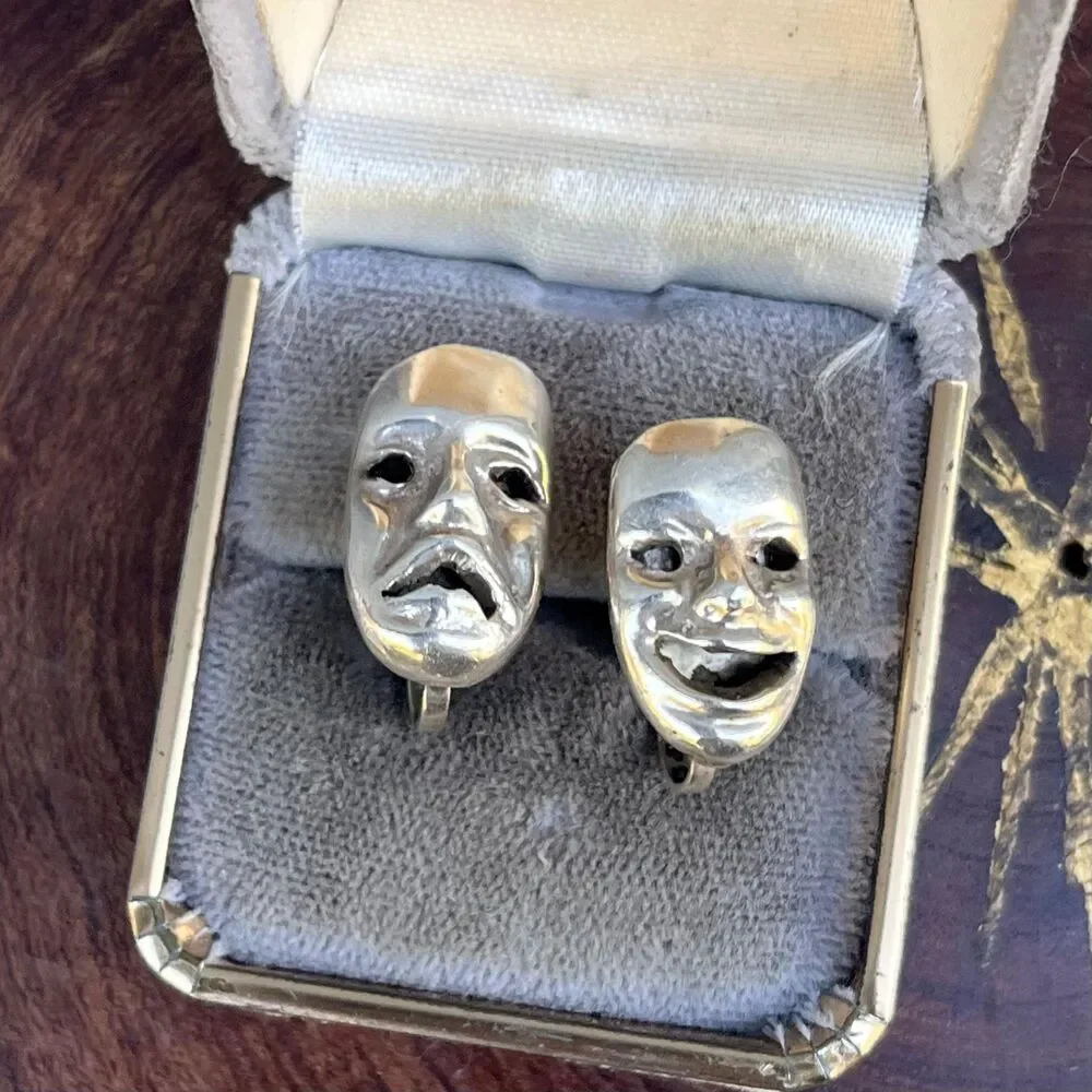 Sterling Silver Mexican Clip On Earrings Comedy Tragedy Mask Retro